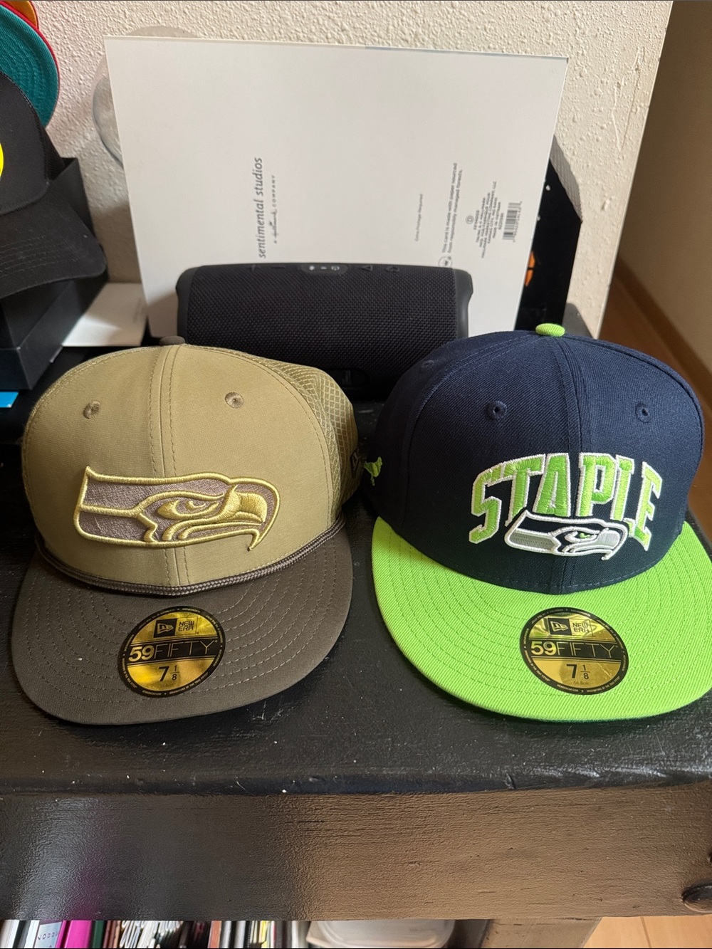 NFL Seattle Seahawks Two-Pack Fitted Caps in Navy, Lime & Olive, Brown